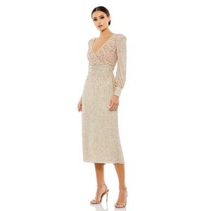Mac Duggal 93593 Sequined V Neck Bishop Long Sleeve Dress Nude NWT!